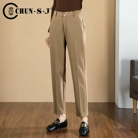 哈伦裤子春秋宽松九分显瘦萝卜裤直筒烟管西裤高腰休闲驼色西装裤图片