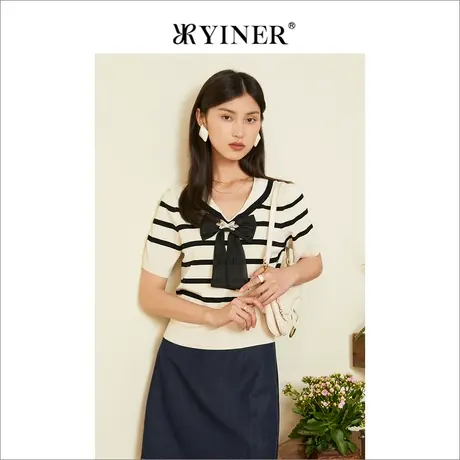 YINER音儿女装2022夏季新款娃娃领蝴蝶结条纹薄毛针织衫图片