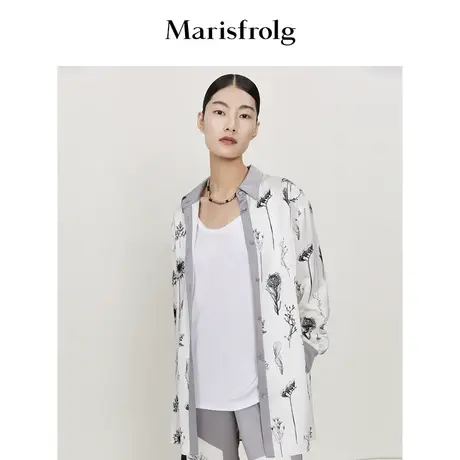 【商场同款】玛丝菲尔夏季新款灰色向日葵印花长袖衬衫女商品大图