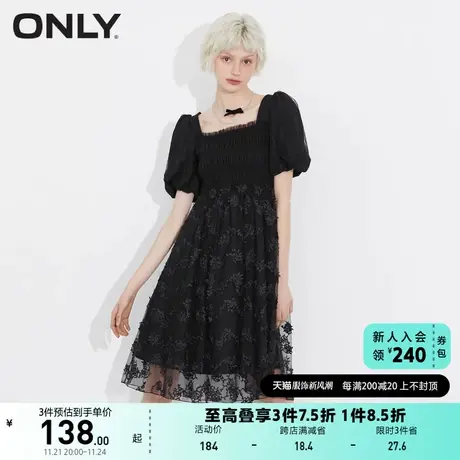 ONLY奥莱夏季收腰显瘦方领泡泡袖黑色短款连衣裙女图片