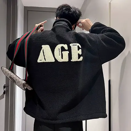 颗粒绒棉衣外套男冬季新款个性刺绣字母轻熟ins潮牌加厚冬装外套图片