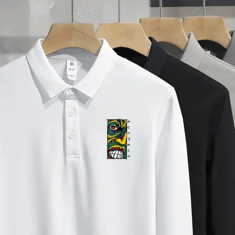 丝光珠地棉翻领t恤白色polo衫男士长袖有领秋衣服潮牌印花打底衫图片