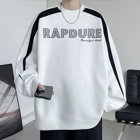 高街男款拼色卫衣秋季新款美式重磅圆领长袖t恤男装潮流痞帅上衣T商品大图