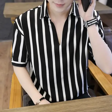 春夏季男士韩版休闲条纹衬衫潮流宽松帅气港风五分袖短袖衬衣外套商品大图