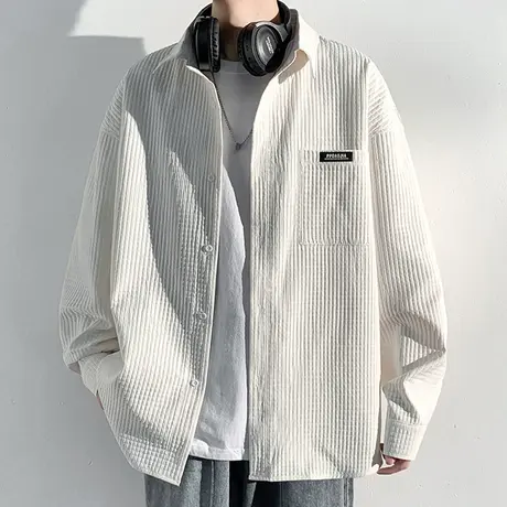 华夫格长袖衬衫男款夏季潮牌港风宽松白色衬衣休闲男士春秋款外套商品大图