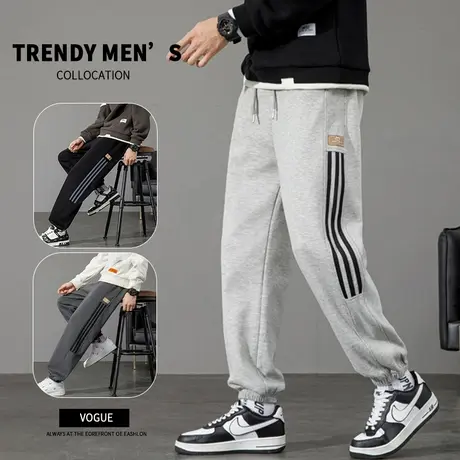 条纹设计感卫裤男夏季宽松休闲潮牌美式春秋款束脚灰色运动长裤男商品大图