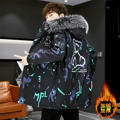 青少年外套男冬季2023年新款加绒加厚中长款派克棉服潮牌男士棉衣商品大图