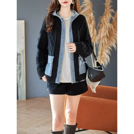 宝诗黎连帽牛仔拼接针织开衫女设计感开衫时尚外套2023年秋季新款商品大图