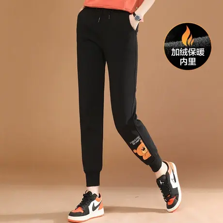 韩潮袭人松紧腰小熊加绒运动裤女冬季新款黑色显瘦休闲卫裤子商品大图
