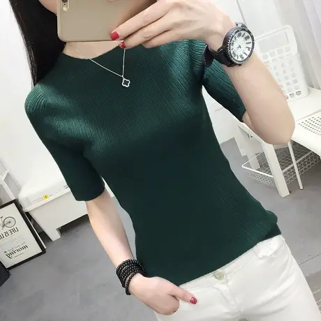 七分袖上衣修身半袖针织衫女装春装2023新款圆领打底衫女内搭毛衣商品大图