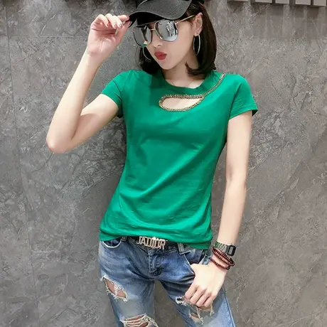 2023新款潮性感镂空t恤女短袖夏装名缓气质上衣修身纯棉体恤女装商品大图