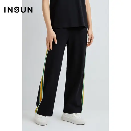 INSUN恩裳奥莱夏季棉质侧缝撞色织带百搭休闲阔腿裤图片