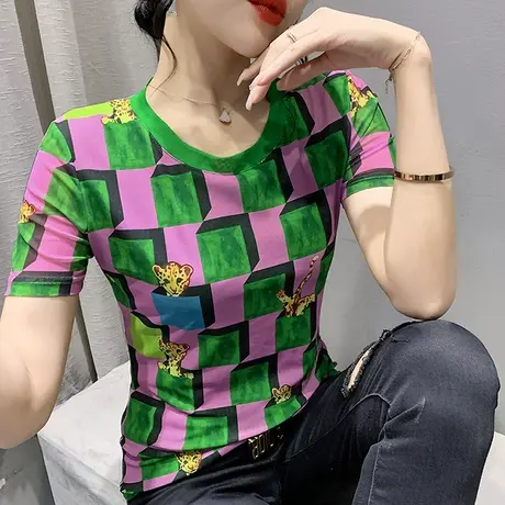 欧货网纱圆领t恤女短袖修身显瘦洋气时尚上衣设计感小众印花小衫商品大图