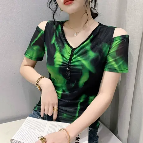 性感露肩女装时尚网纱V领T恤短袖扎染印花上衣时尚气质钉珠小衫夏商品大图