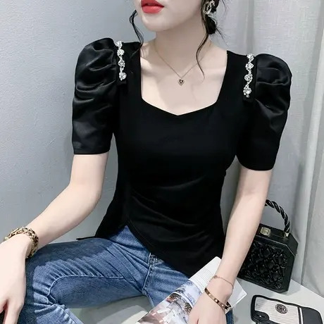 设计感泡泡袖上衣女欧货时尚方领小衫不规则开叉T恤短袖百搭丅恤商品大图