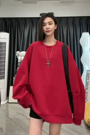 红色宽松圆领卫衣女外套2023春秋新款欧货大版纯色上衣情侣卫衣潮商品大图