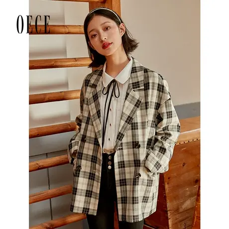 Oece格子小西装外套秋新款女复古格纹西服外套商品大图