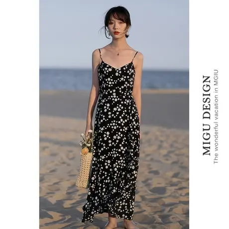 弥古法式碎花雏菊连衣裙女夏季三亚度假吊带裙显瘦海边沙滩裙长裙图片