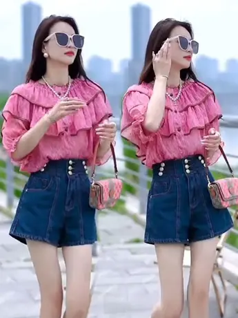 设计感纽扣高腰牛仔短裤女2023年夏季新款韩版百搭显瘦A字阔腿裤商品大图