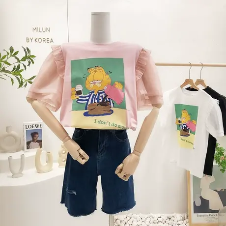 韩国东大门甜美上衣2022夏新款泡泡袖蕾丝网纱短袖T恤小众设计感图片