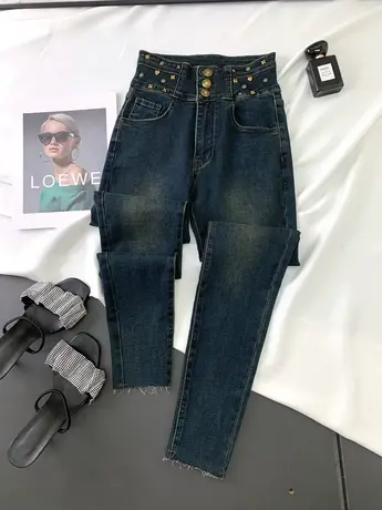 复古做旧排扣牛仔铅笔裤女2023秋季新款显瘦百搭高腰小脚裤商品大图