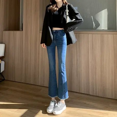 微喇牛仔裤女2023春秋新款高腰显瘦百搭九分小个子蓝色毛边喇叭裤商品大图