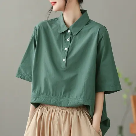 dza 文艺复古全棉纯色衬衫女2023夏薄款短袖衬衣宽松显瘦套头上衣图片