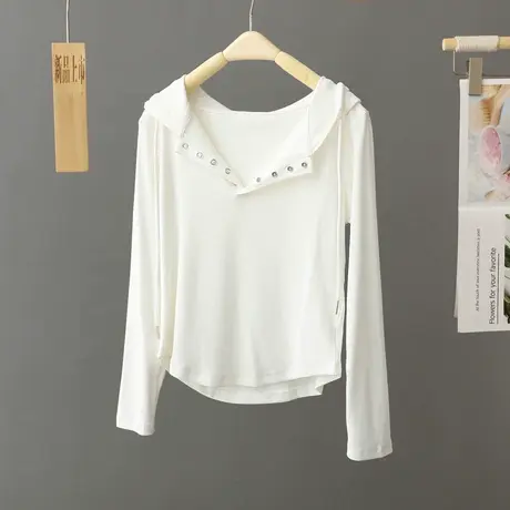 连帽纯棉长袖打底衫女秋冬2024年新款弧形下摆显瘦内搭上衣t恤衫商品大图