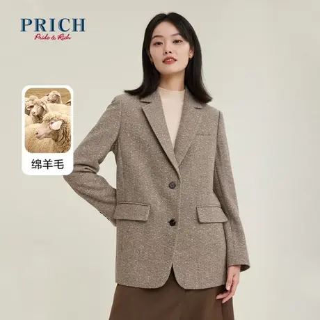 PRICH西装新品秋冬新款含绵羊毛气质翻领直身宽松单面呢外套女图片