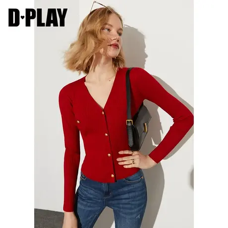 DPLAY2022年秋装新法式复古ol通勤风复古红修身V领针织开衫图片