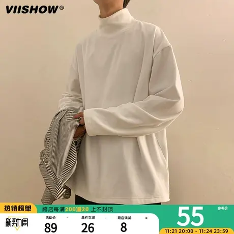 VIISHOW半高领长袖t恤男士潮牌上衣服卫衣高级感加绒内搭打底衫商品大图