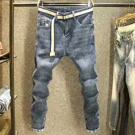 2024新款潮牌男士牛仔裤高端拼色印花简约休闲百搭弹力修身小脚裤商品大图