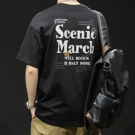 重磅短袖t恤男士宽松胖子大码男装潮牌2024新款纯棉黑色体恤夏季商品大图