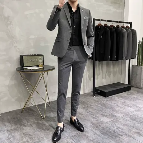 男士修身两粒扣西服外套新郎结婚高档礼服套装男潮流痞帅休闲工装商品大图