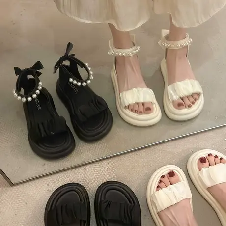 凉鞋女款夏季2024新款网红爆款仙女风配裙子时尚珍珠百搭罗马鞋子商品大图