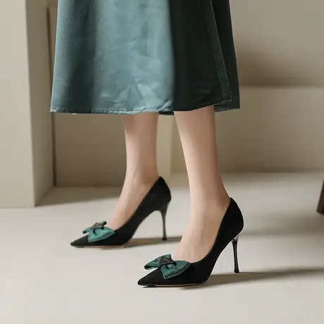 黑色蝴蝶结高跟鞋女细跟2024春季新款法式名媛风性感尖头浅口单鞋商品大图