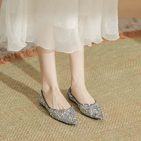 平底尖头玛丽珍单鞋2024年新款秋季法式晚风亮片单鞋女设计感小众图片