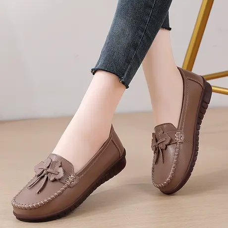 妈妈单鞋女秋季新款中老年平底皮鞋防滑真皮休闲鞋软底舒适豆豆鞋商品大图