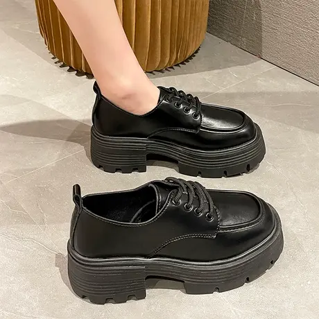 法式英伦风小皮鞋女2023新款百搭单鞋系带厚底复古粗跟黑色乐福鞋商品大图