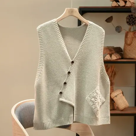 享永子【25支2股纱7针】100%全棉线斜襟刺绣针织马甲背心图片