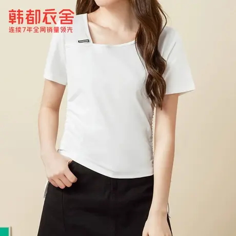 韩都衣舍抽绳T恤2023夏季新款女装不规则领口百搭短袖DFV1000165T图片