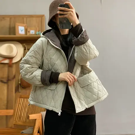 dza 复古连帽菱格加厚棉服外套女冬外穿短款口袋上衣宽松休闲棉衣图片