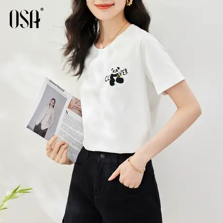 OSA欧莎白色纯棉熊猫印花短t恤女夏季2023年新款显瘦正肩体恤上衣商品大图