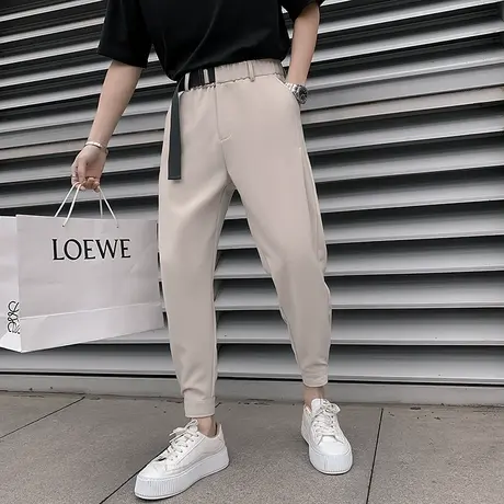 夏季男士休闲裤裤子宽松直筒潮流纯色薄款运动纯色百搭腰带小西裤商品大图