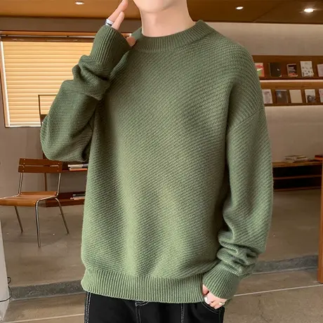 绿色圆领毛衣男秋冬季新款潮牌宽松毛线衣服加厚青少年打底针织衫商品大图