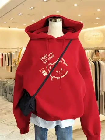 2024新年衣服红色本命龙年印花小熊连帽卫衣女秋冬宽松外套加绒厚图片