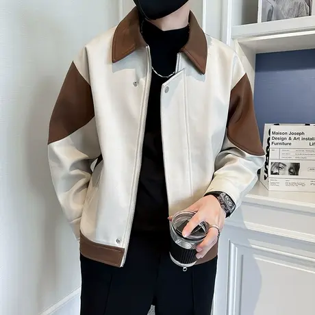拼色毛呢外套男2023秋季韩版潮流痞帅夹克上衣呢子高级感休闲外套商品大图