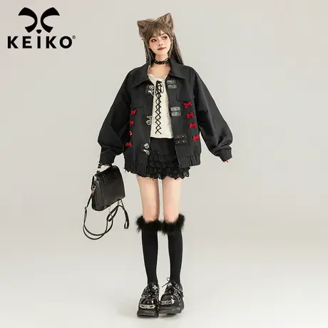 KEIKO 甜酷皮扣饰黑色短外套女2024春季时髦宽松拉链机车夹克上衣商品大图