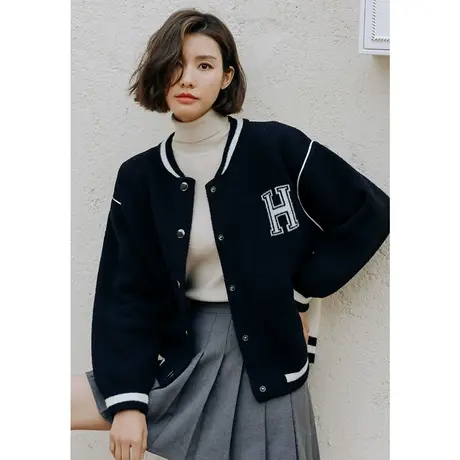 弥古黑色棒球服外套女春秋字母刺绣针织开衫休闲宽松外搭2023秋装商品大图