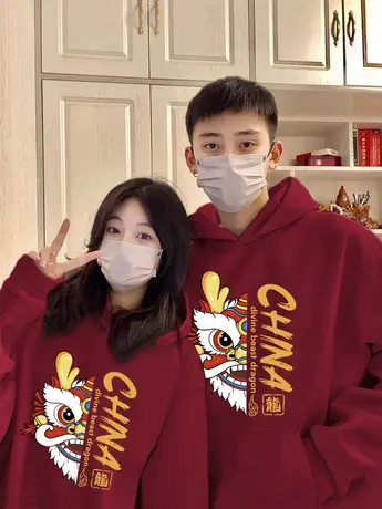 龙年连帽卫衣女大码胖mm宽松情侣加绒外套ins冬季港风设计感上衣商品大图